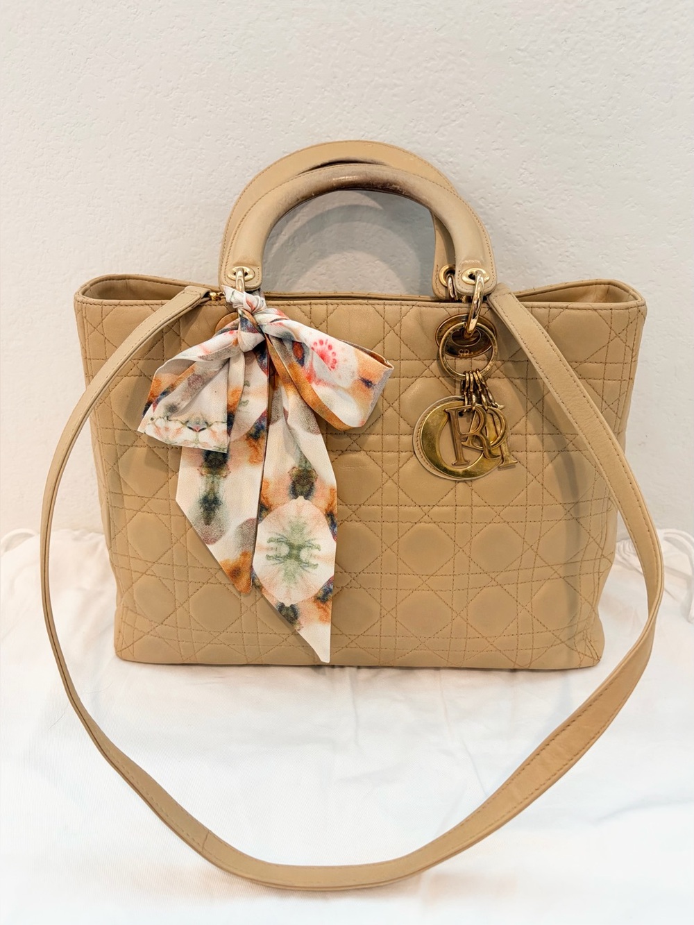 Auth DIOR Large Lady Dior Biege Bag w/ Original Strap in Cannage Leather
